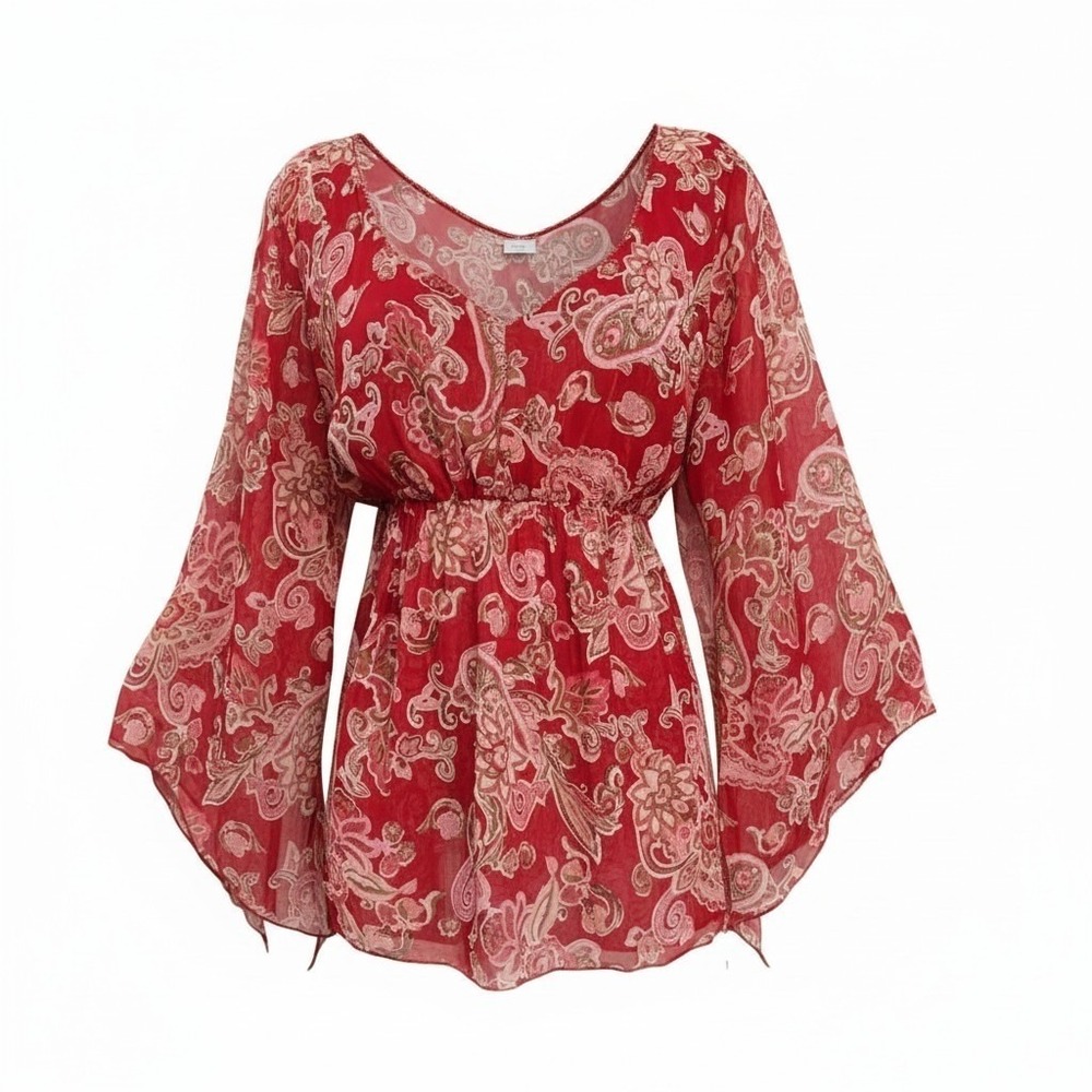Vintage Womens Babydoll M Top Y2K Red Paisley Bell Sleeve Mesh Fairy Whimsigoth